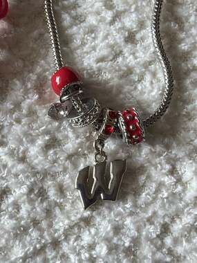 Lot of 2 Sandol Wisconsin Badgers Euro Bead Charm Bracelet & necklace